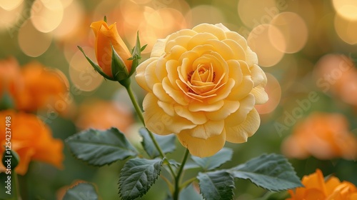 A stunning close-up of a vibrant yellow rose in full bloom with lush green leaves, capturing the delicate beauty and essence of nature's floral wonders