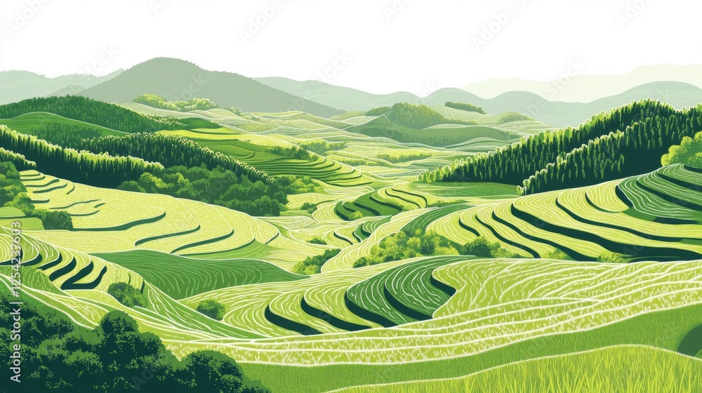 Pixelated Terraced Fields Landscape In Valley Pixelated Terraced Fields Landscape In Valley