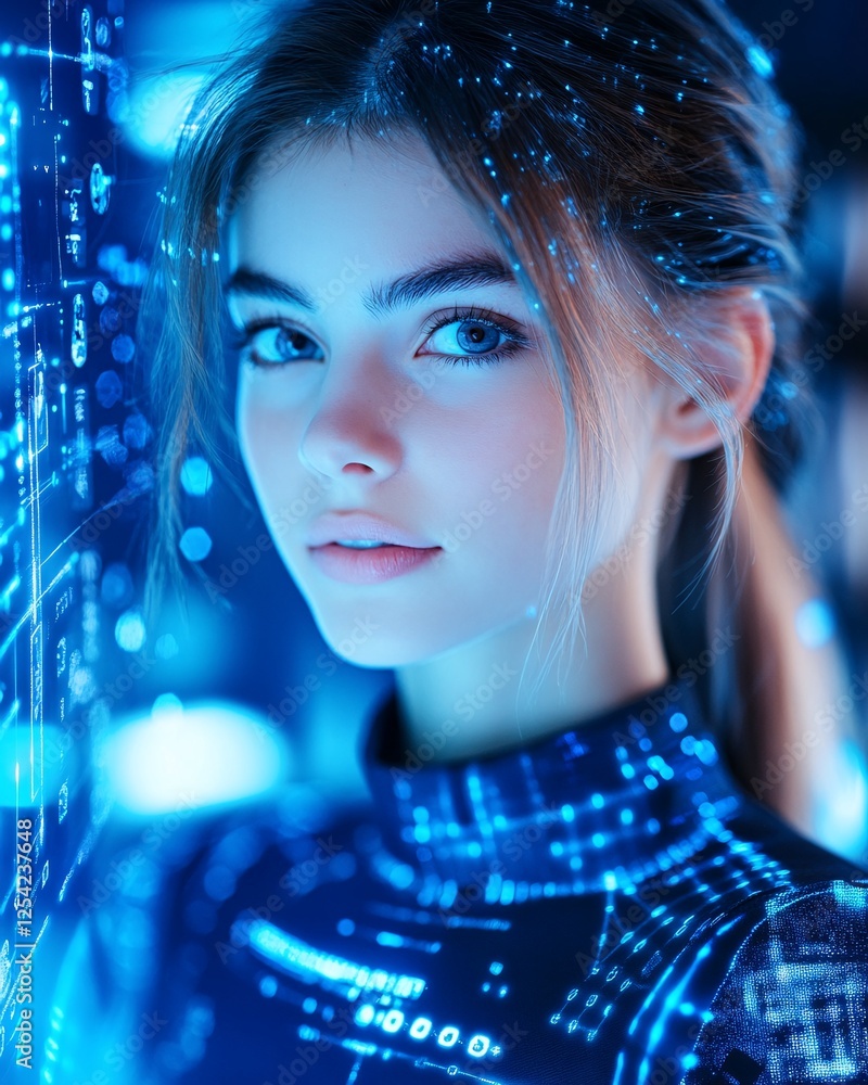 Young Woman in Futuristic Setting Interacting with a Digital Interface Display