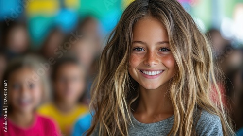 Wallpaper Mural A joyful young girl with long brown hair and a bright smile standing in a colorful, bustling classroom amidst her peers, conveying happiness and energy. Torontodigital.ca