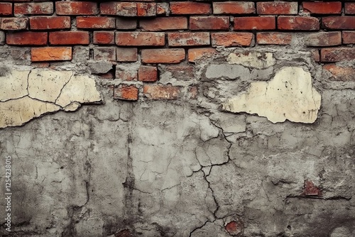 Old brick wall with chipping natural stone cladding. Vintage brickwork texture. Grunge background with space for design. Rough dirty distressed surface.