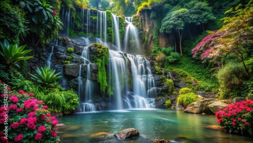 waterfall cascading down a rocky cliff surrounded by dense lush greenery and vibrant tropical flowers