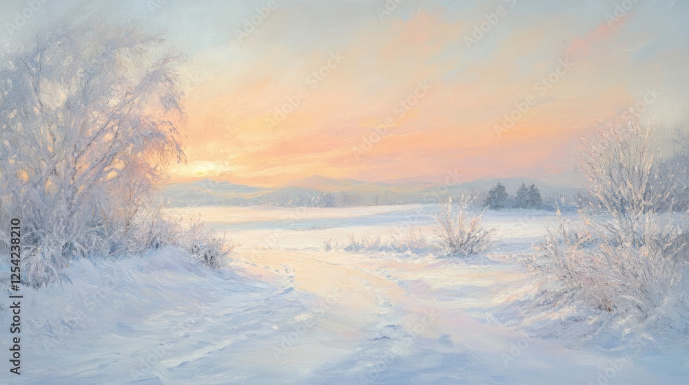Serene winter sunrise landscape painting, showcasing snow-covered field, frosted trees, and a calm stream under pastel sky. Serene winter sunrise landscape painting, showcasing snow-covered field, frosted trees, and a calm stream under pastel sky.