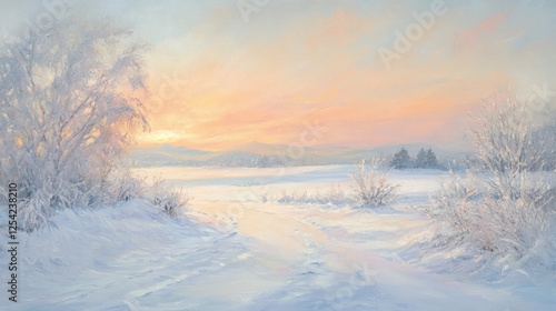 Wallpaper Mural Serene winter sunrise landscape painting, showcasing snow-covered field, frosted trees, and a calm stream under pastel sky. Torontodigital.ca