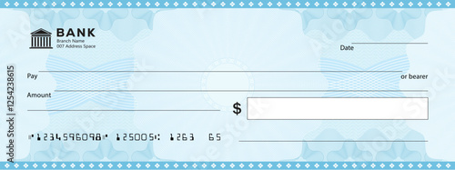 Blank bank check, checkbook cheque template with blue guilloche, vector mockup. Money payment bank check voucher or pay cash cheque certificate, account bill paycheck with guilloche pattern	