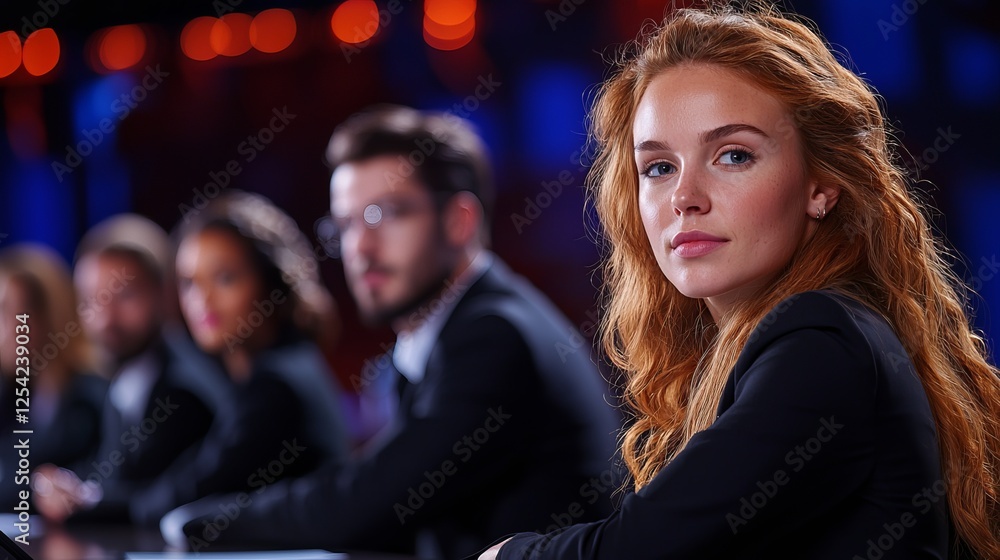 Obraz premium A confident young woman with red hair is seated at a panel discussion, featuring blurred colleagues in the background.