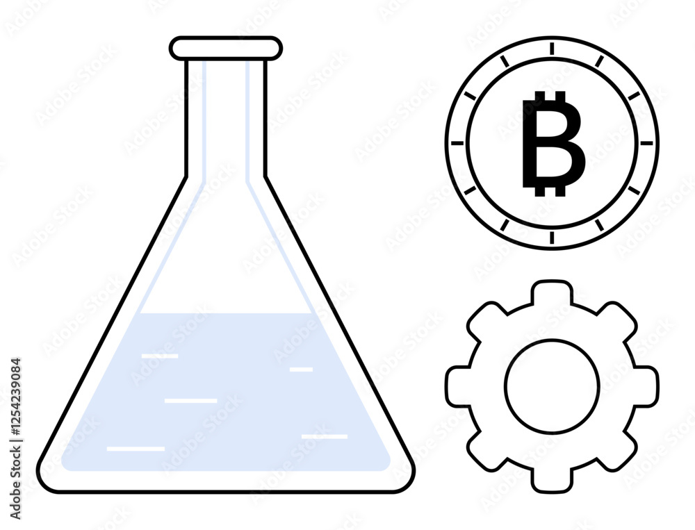 Laboratory flask with blue liquid, Bitcoin symbol representing cryptocurrency, and gear wheel symbolizing engineering. Ideal for technology, finance, cryptocurrency, science, innovation, research Laboratory flask with blue liquid, Bitcoin symbol representing cryptocurrency, and gear wheel symbolizing engineering. Ideal for technology, finance, cryptocurrency, science, innovation, research