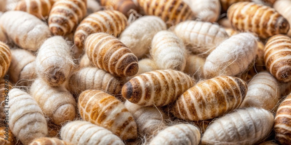 Silkworm cocoon with brown and white patterns, natural texture, close-up view, organic material, cocoon, insect, cocoon Silkworm cocoon with brown and white patterns, natural texture, close-up view, organic material, cocoon, insect, cocoon