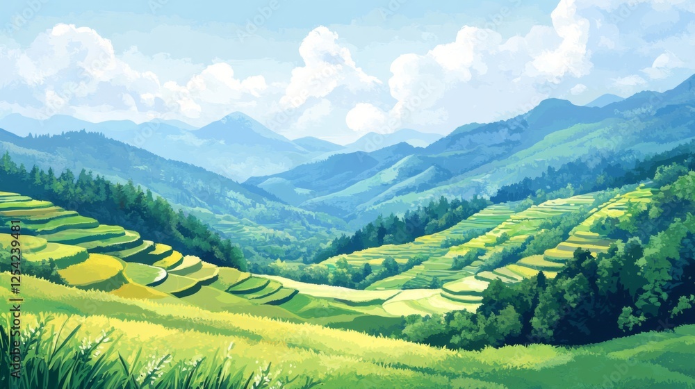 Fototapeta premium Pixel Art Terraced Rice Paddies Valley Scene