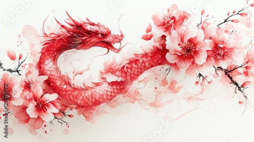 A vibrant red dragon entwined with delicate pink flowers, showcasing a blend of strength and beauty.