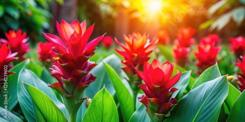 Vibrant Siam tulip flowers in full bloom with bright red petals and yellow center, surrounded by lush green foliage in a garden , blooming flowers, outdoor gardens photo