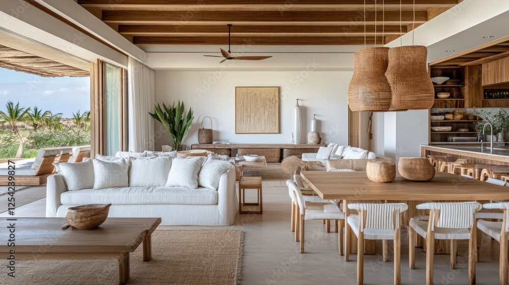 Fototapeta premium An open-plan living room and dining area featuring light yellow sofas, a wooden table, and white chairs, with soft lighting and neutral decor.