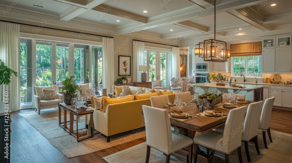 An open-plan living room and dining area featuring light yellow sofas, a wooden table, and white chairs, with soft lighting and neutral decor. An open-plan living room and dining area featuring light yellow sofas, a wooden table, and white chairs, with soft lighting and neutral decor.