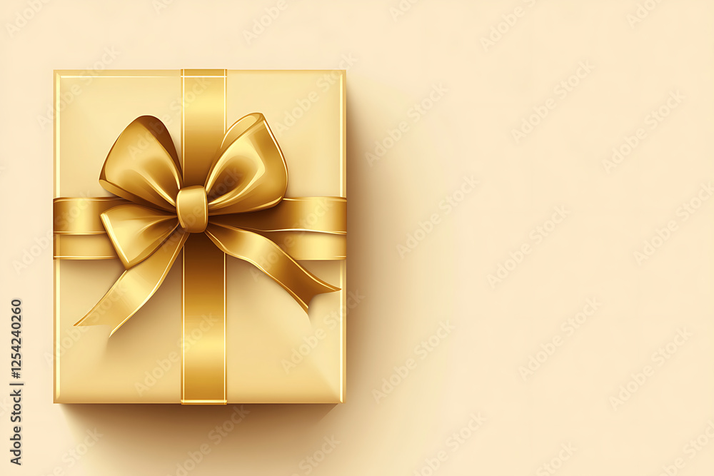 Elegant golden gift box with a bow on a soft beige background, perfect for celebrations and events Elegant golden gift box with a bow on a soft beige background, perfect for celebrations and events