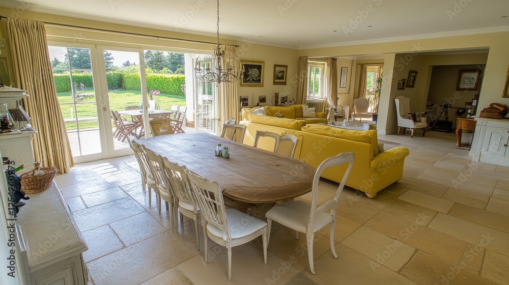Fototapeta premium A bright, open-plan living and dining room featuring light yellow sofas, a wooden dining table, and white chairs, creating a warm, inviting atmosphere.