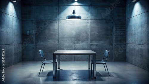 A cold interrogation room with a single bright light overhead casting an ominous glow on a metallic table and chairs, creating an eerie atmosphere , metal table, dark