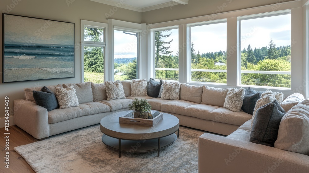 A chic and modern living room with large, comfortable seating, luxurious accent pillows, and a striking contemporary artwork. A chic and modern living room with large, comfortable seating, luxurious accent pillows, and a striking contemporary artwork.