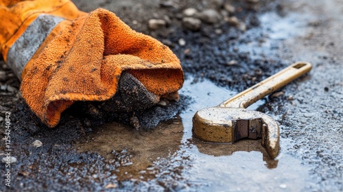 A close-up of a drain pipe being wiped down with a cloth while a wrench lies beside it.