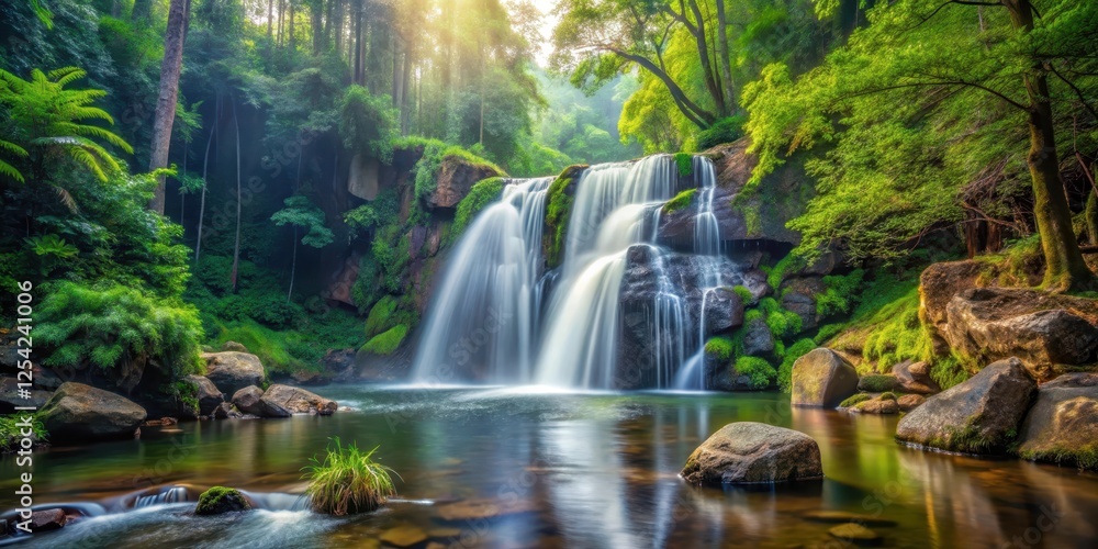 Serene waterfall cascading down rugged rocks into a peaceful forest stream surrounded by lush greenery and towering trees, landscape, water Serene waterfall cascading down rugged rocks into a peaceful forest stream surrounded by lush greenery and towering trees, landscape, water