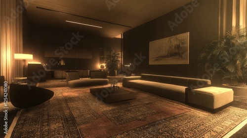 A contemporary living room with minimalist design, showcasing high-end furniture, a modern rug, and warm lighting for an elegant vibe.