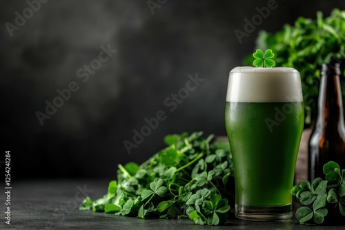 Green beer with a clover garnish, featuring lush greenery and dark background, perfect for St Patrick s Day celebrations, festivities, and drinks enthusiasts photo