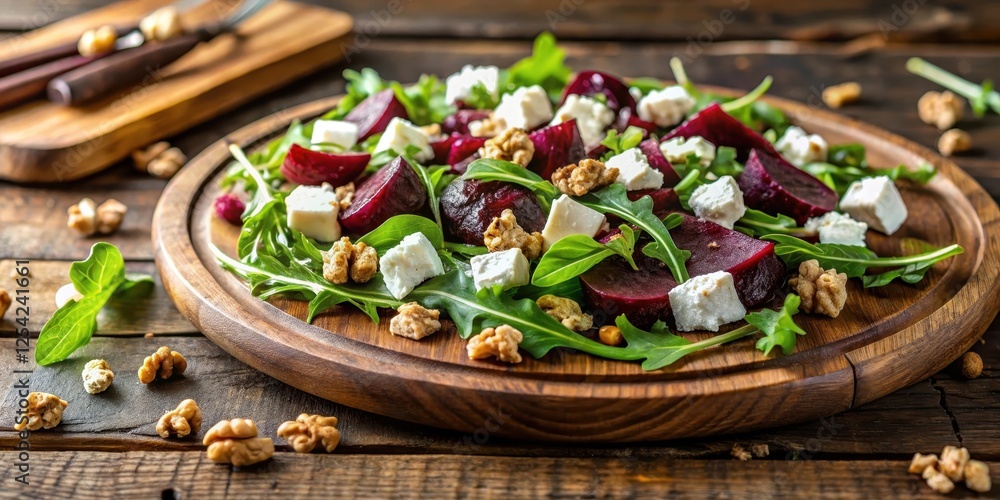 Fresh roasted beet and goat cheese salad with arugula and walnuts on a rustic wooden plate , healthy food, plate, healthy food, plate Fresh roasted beet and goat cheese salad with arugula and walnuts on a rustic wooden plate , healthy food, plate, healthy food, plate