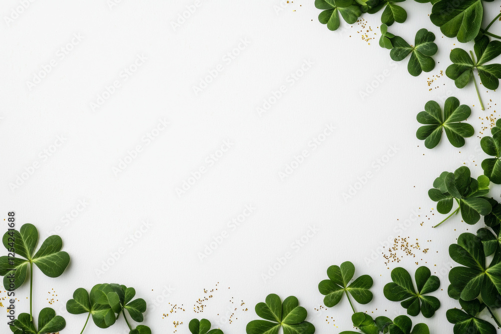 Fototapeta premium Border of green shamrocks and golden sparkles on white background, creating festive and cheerful design.