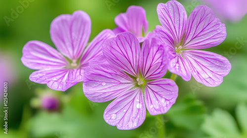 A serene close-up of wildflowers basking in the soft morning sunlight, each petal adorned with glistening dew