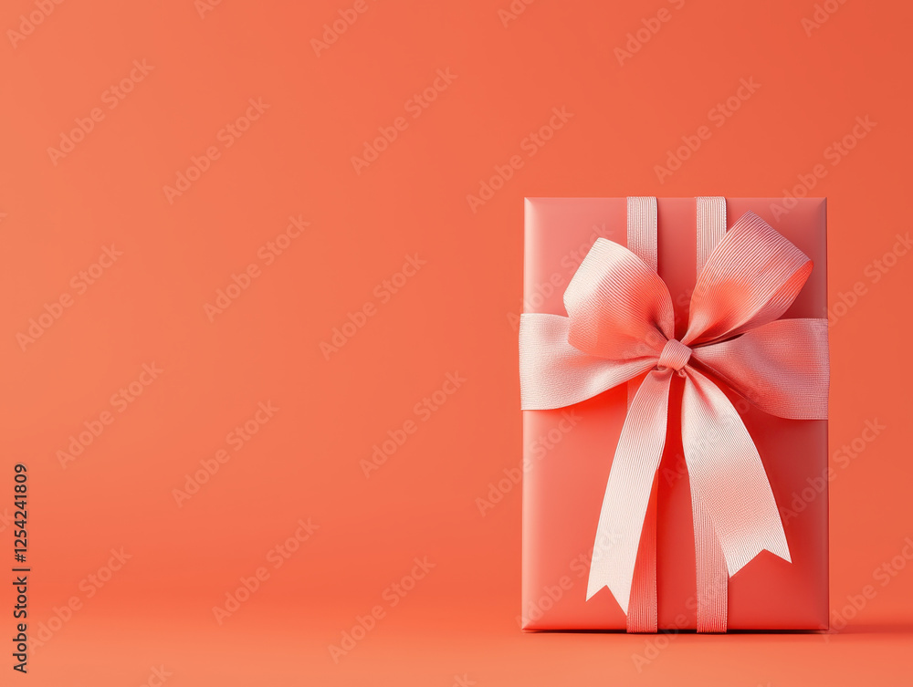 Graduation ceremony official milestone concept. beautifully wrapped gift with pink ribbon on coral background Graduation ceremony official milestone concept. beautifully wrapped gift with pink ribbon on coral background