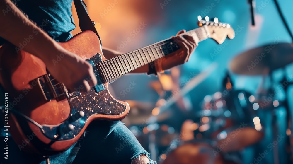 Obraz premium Electric guitar performance captivates audience during live music event at local venue in evening