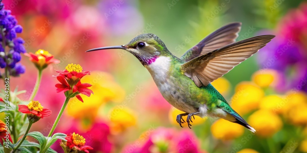 Naklejka premium A hummingbird's rapid wing movement is captured as it darts in and out of a colorful bouquet of flowers in a vibrant garden filled with blooming flora and fauna , flower, bouquet