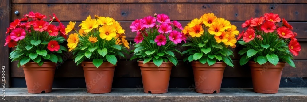 Pots of bright calibrachoa flowers on a wooden wall, outdoor decor, floral arrangement, hanging pot Pots of bright calibrachoa flowers on a wooden wall, outdoor decor, floral arrangement, hanging pot