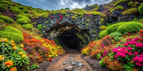 Lush greenery and colorful flowers surround a dark, narrow tunnel made of molten lava on a volcanic island , lush vegetation, volcanic landscape photo