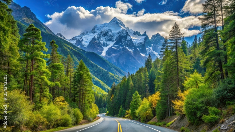 Winding mountain road surrounded by towering trees and vibrant greenery leads to the stunning Aba Snow Mountain peak, Sichuan province, winding roads Winding mountain road surrounded by towering trees and vibrant greenery leads to the stunning Aba Snow Mountain peak, Sichuan province, winding roads