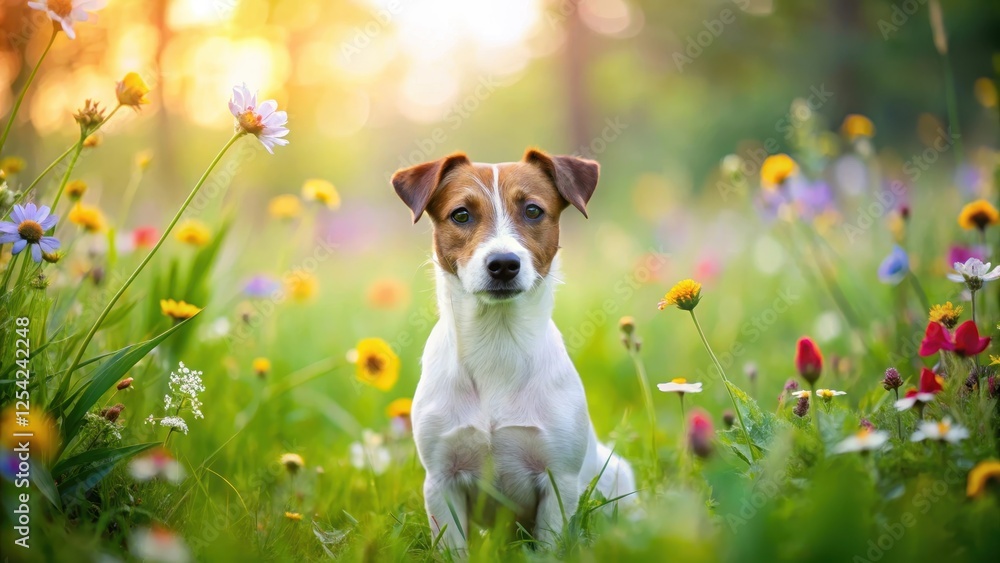 A Jack Russell terrier sits on a blanket of lush green grass with vibrant wildflowers surrounding it, dog, nature, dog A Jack Russell terrier sits on a blanket of lush green grass with vibrant wildflowers surrounding it, dog, nature, dog