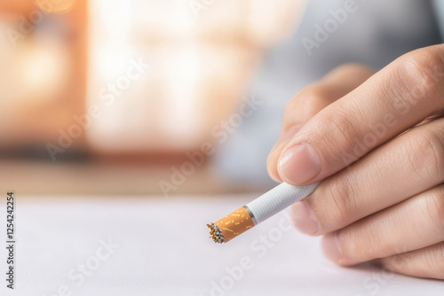 Quitting smoking according to the concept of drug addiction treatment. close up of hand holding cigarette, symbolizing moment of contemplation photo