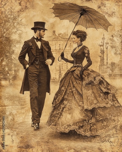 Couple dressed in vintage attire strolls in a park with an umbrella on a sunny afternoon