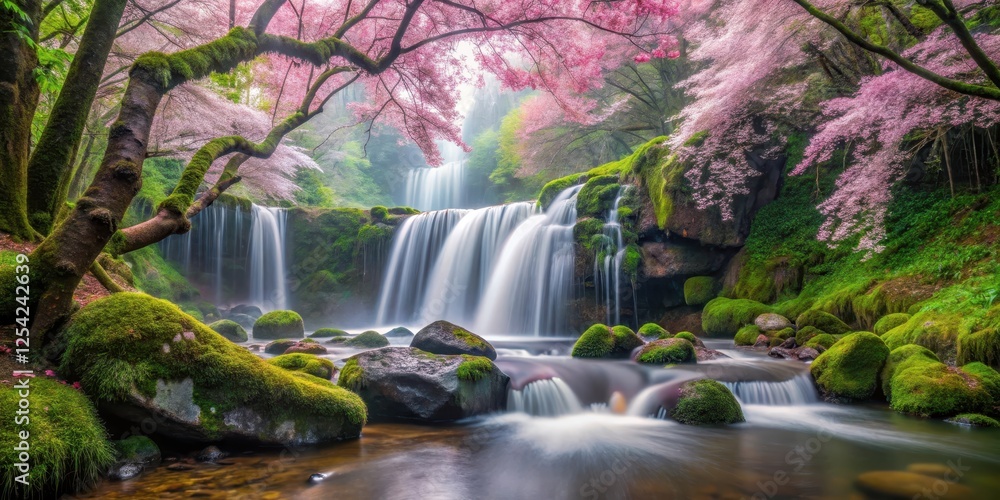 A tranquil waterfall flows over moss-covered rocks in a misty forest, surrounded by blooming cherry blossom-like sakura flowers in various stages of bloom, forest, waterfall