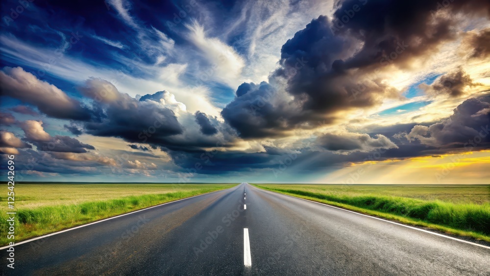 Asphalt Road with Cloudy Sky and Horizon Panorama,, asphalt road, landscape, asphalt road Asphalt Road with Cloudy Sky and Horizon Panorama,, asphalt road, landscape, asphalt road