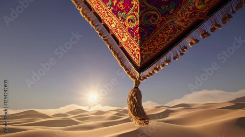 Ornate Magic Carpet Soaring Over Desert Dunes at Sunset