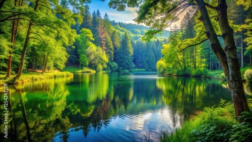 Lush forest with tall trees and vibrant foliage surrounding a serene lake, outdoor, forest,  outdoor, forest, nature