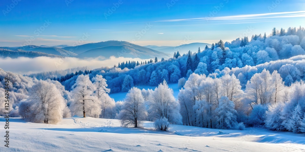 Frosty landscape with icy blue hills and snow-covered trees, a serene winter scene, frost, tree, frost Frosty landscape with icy blue hills and snow-covered trees, a serene winter scene, frost, tree, frost