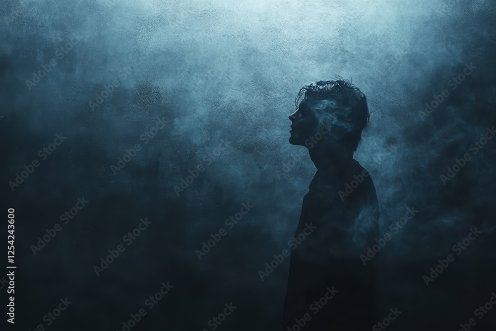 Fototapeta premium Silhouette of a Lone Figure Surrounded by Mysterious, Ethereal Mist Casting an Enigmatic Aura Against a Dark Background in Dramatic Lighting