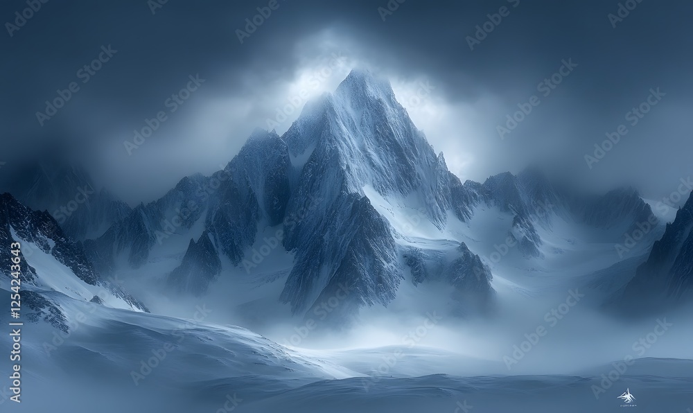Obraz premium A majestic mountain peak shrouded in mist and snow under a dramatic sky