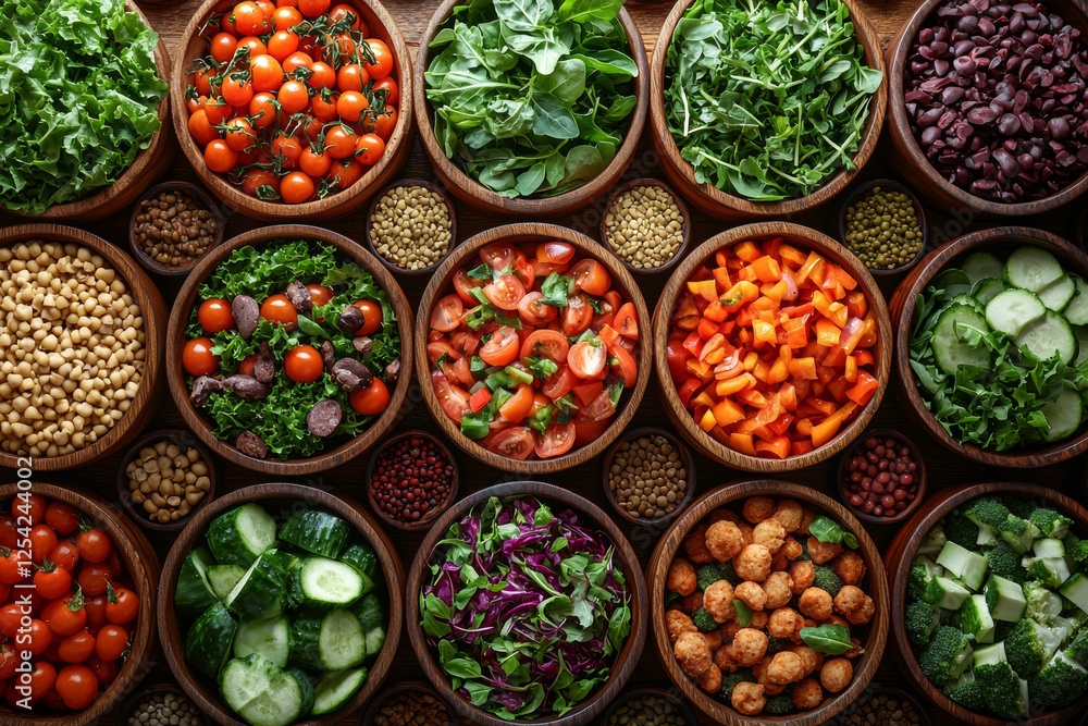 Vibrant assortment of fresh vegetables and legumes in wooden bowls, showcasing healthy and colorful variety. Vibrant assortment of fresh vegetables and legumes in wooden bowls, showcasing healthy and colorful variety.