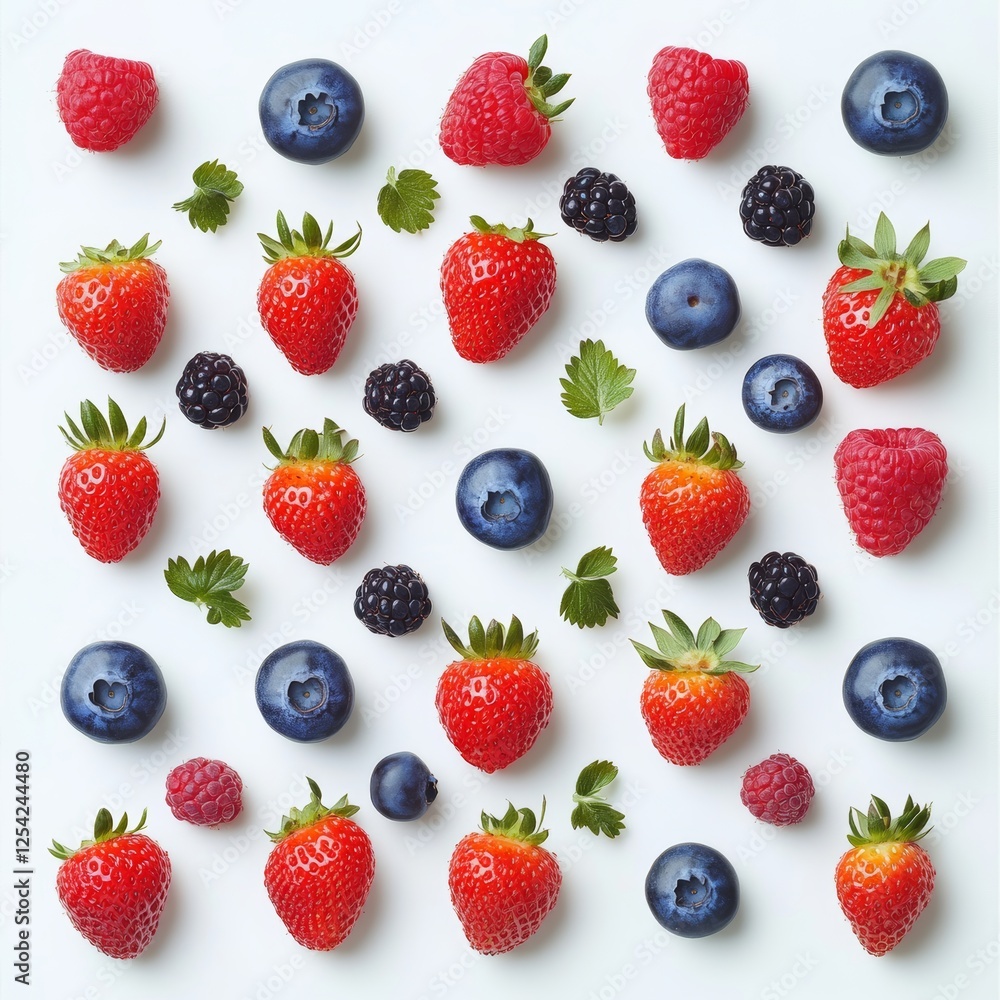 Fresh assortment of mixed berries arranged on a white background for culinary presentation Fresh assortment of mixed berries arranged on a white background for culinary presentation