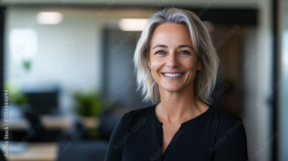 Fototapeta premium confident woman with short blonde hair smiles warmly in modern office setting, exuding professionalism and approachability.