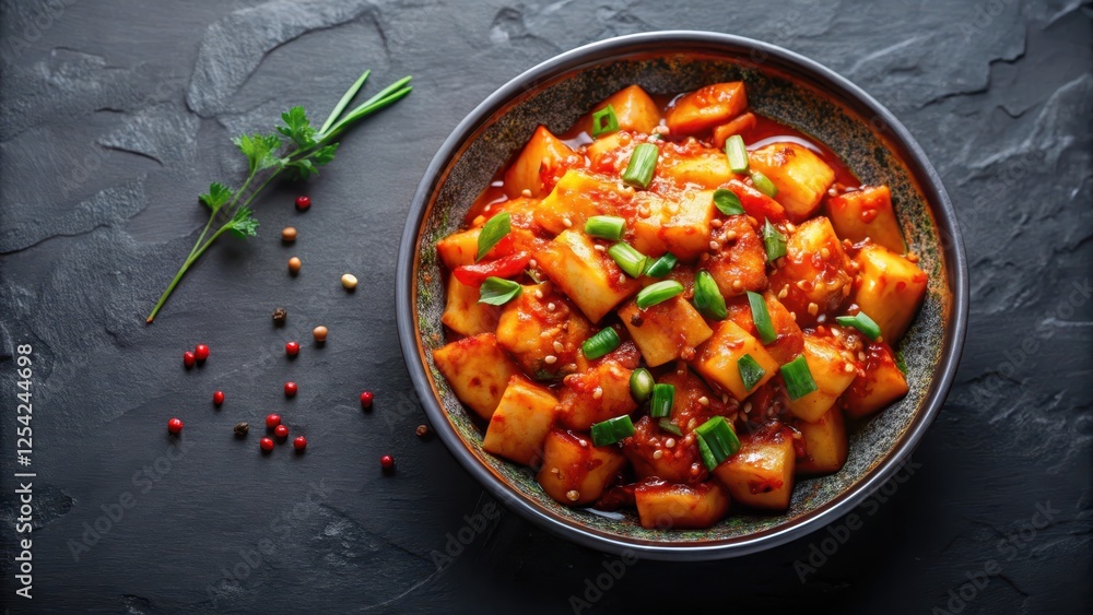 Spicy rice cake dish in a shallow bowl on a dark background with bold colors and vibrant textures, gochujang, spicy sauce Spicy rice cake dish in a shallow bowl on a dark background with bold colors and vibrant textures, gochujang, spicy sauce