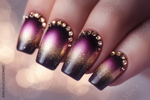 Elegant Nail Art Design: Purple, Gold, and Glitter photo