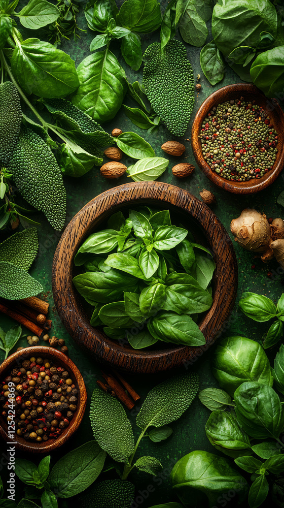 Fresh basil leaves in wooden bowl surrounded by spices, herbs, and ginger on green background. Fresh basil leaves in wooden bowl surrounded by spices, herbs, and ginger on green background.